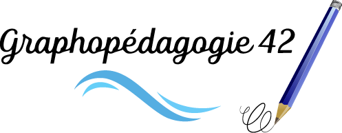 Logo footer Graphopédagogie 42 avec crayon écrivant et vague bleue.