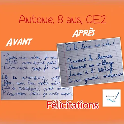 Avant-après de l’écriture d’un enfant de CE2 après un accompagnement en graphopédagogie.