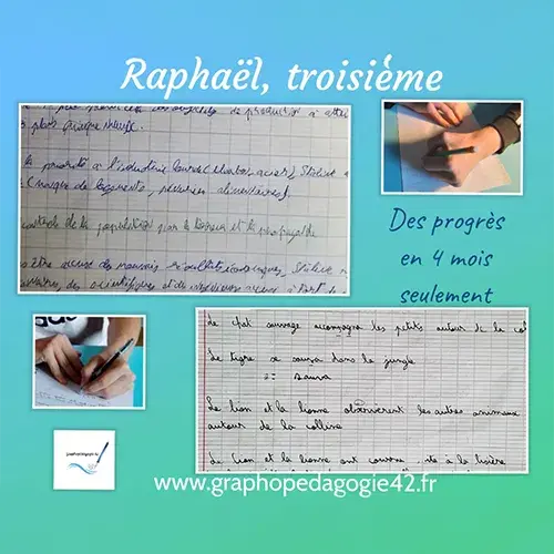 Avant-après de l’écriture d’un élève de troisième après quatre mois de graphopédagogie.