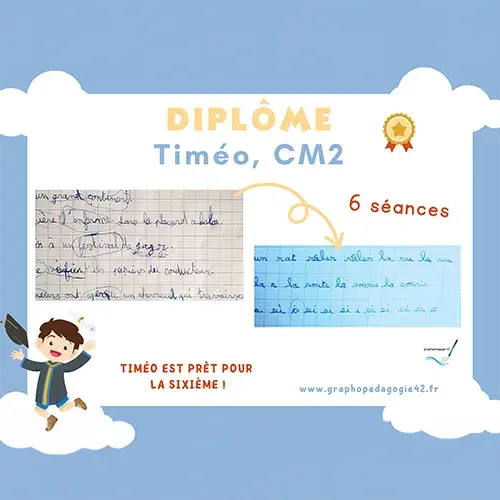 Ecriture avant et après d’un élève de CM2 après six séances d’accompagnement en graphopédagogie.